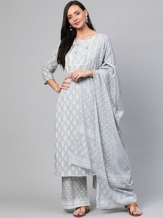 Yufta Women Grey & White Printed Kurta with Palazzos & Dupatta