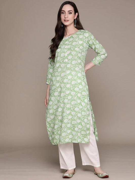 Anubhutee Women Green Floral Printed Floral Kurta