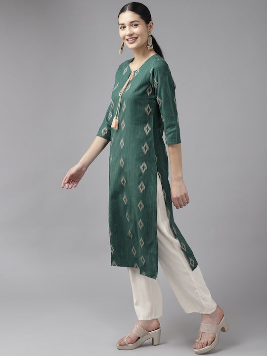 Yufta Women Woven Design Straight Kurta Green