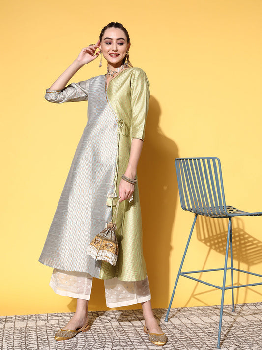 Ahalyaa Women Green Art Silk Fluid Tie Up Kurta