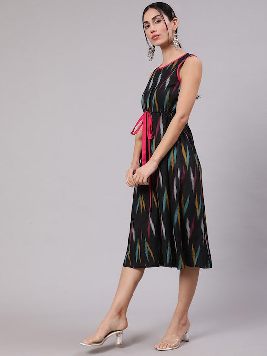 AKS Ikat Printed A-Line Cotton Midi Dress
