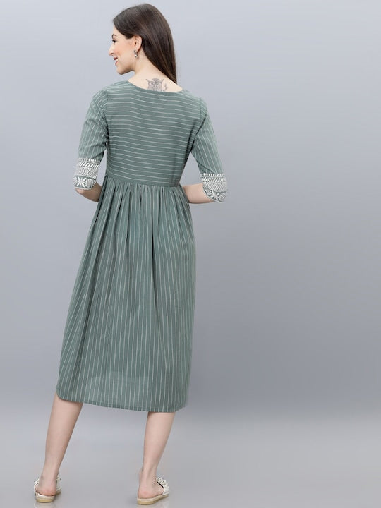 Vishudh Green Striped Fit and Flare Dress