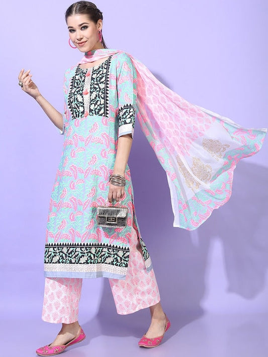 Vishudh Women Blue Floral Printed Kurta with Palazzos & With Dupatta