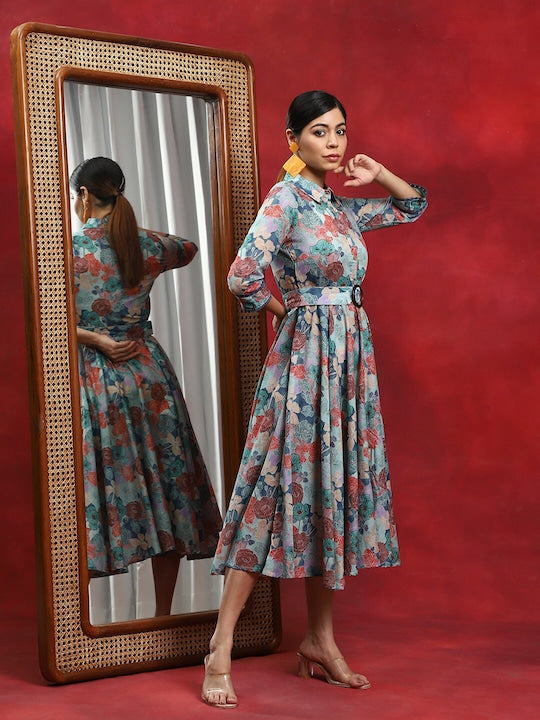 AKS Shirt Collar Floral Printed Belted Cotton Fit & Flare Midi Dress