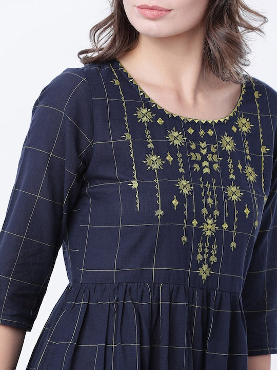 Vishudh Women Navy Blue Checked Empire Dress