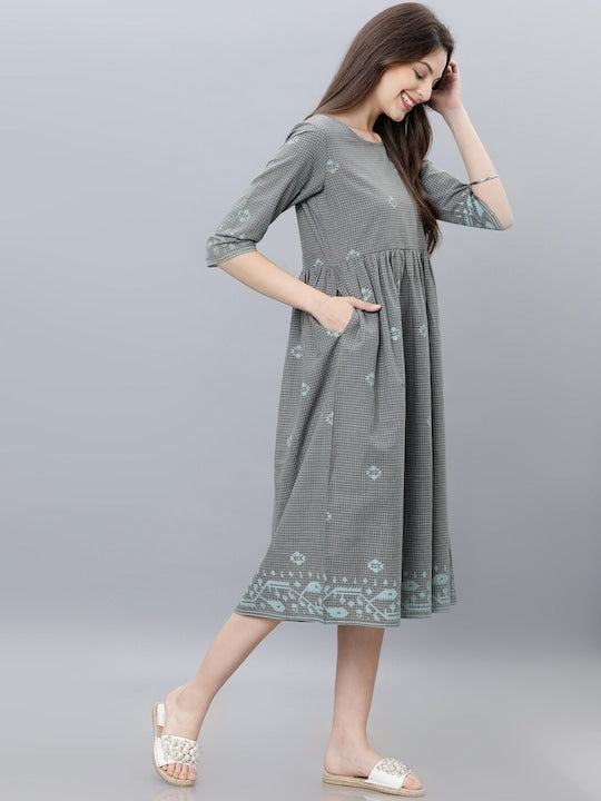 Vishudh Women Grey Printed A-Line Ethnic Dress
