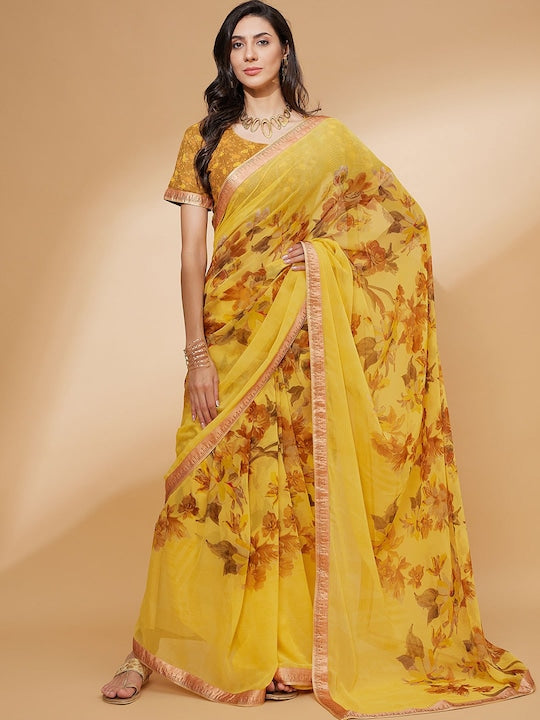 All about you Yellow & Beige Floral Beads and Stones Saree