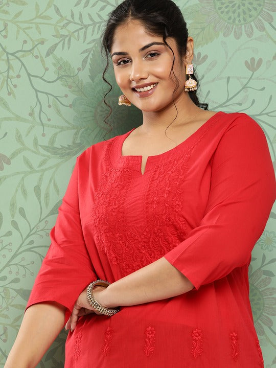 Yufta Women Plus Size Floral Embroidered Straight Kurta Red