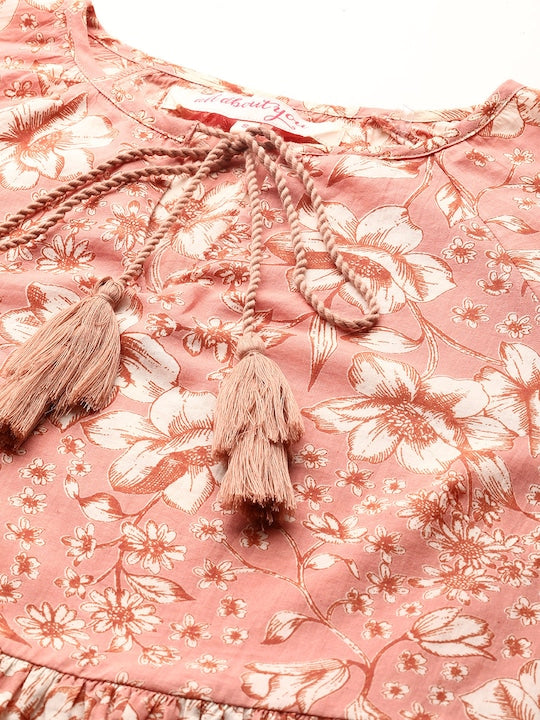 All about you Pure Cotton Floral Print Tie-Up Neck Puff Sleeve A-Line Dress