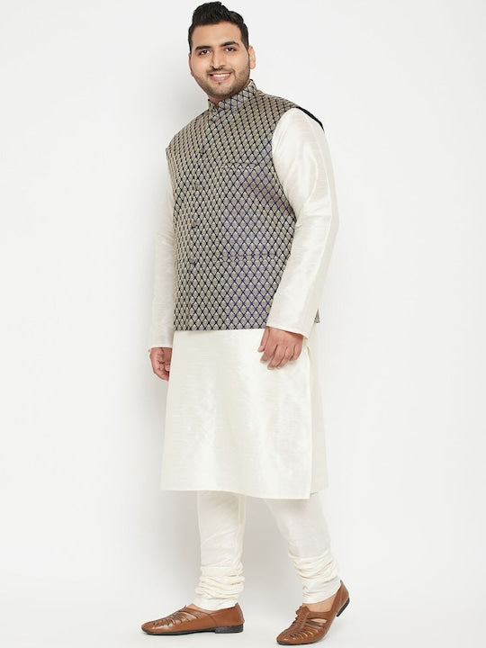 Vastramay Men Cream-Colored & Blue Woven Designed Kurta with Churidar & Jacket