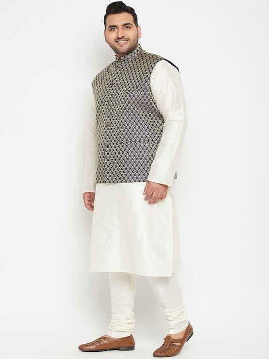 Vastramay Men Cream-Colored & Blue Woven Designed Kurta with Churidar & Jacket