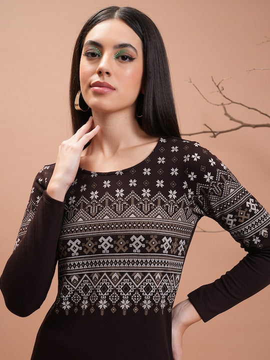 Vishudh Brown Geometric Printed Long Sleeves Straight Kurta