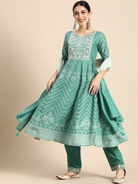 Anouk Blue & White Bandhani Printed Thread Work Cotton Anarkali Kurta Trousers Dupatta