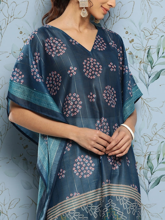 Yufta Women Bandhani Printed Flared Sleeves Indigo Kaftan Kurta