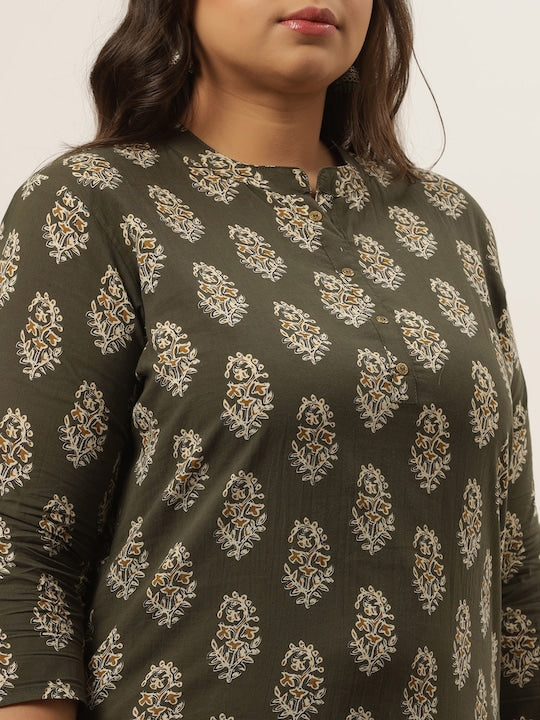 Yufta Women Olive Green Ethnic Motifs Layered Pure Cotton Kurti with Trousers