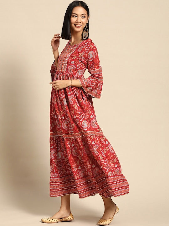 All about you Maroon Ethnic Motifs Print Bell Sleeve Maxi Dress