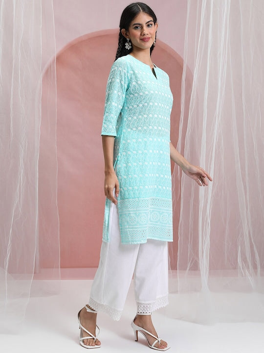 Vishudh Blue & White Floral Embroidered Round Notched Neck Straight Kurta