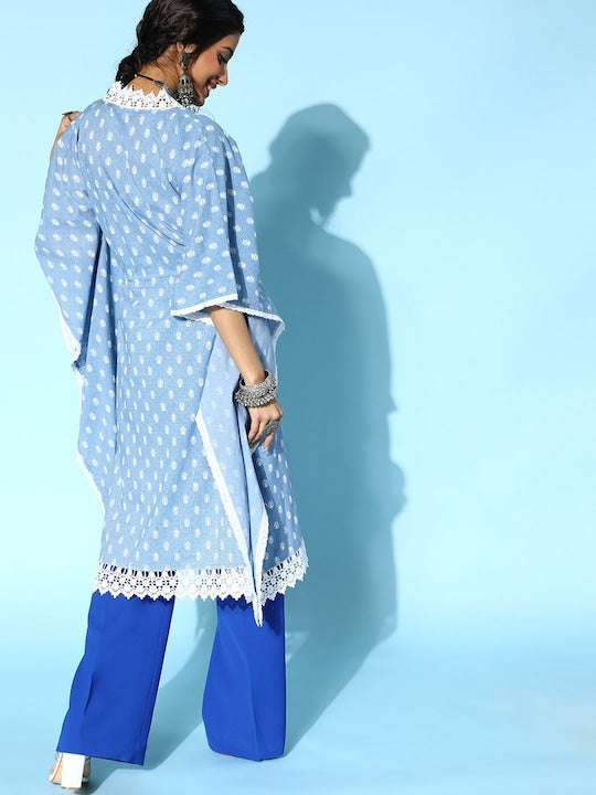 Yufta Women Blue & White Printed Cotton Kaftan Kurta