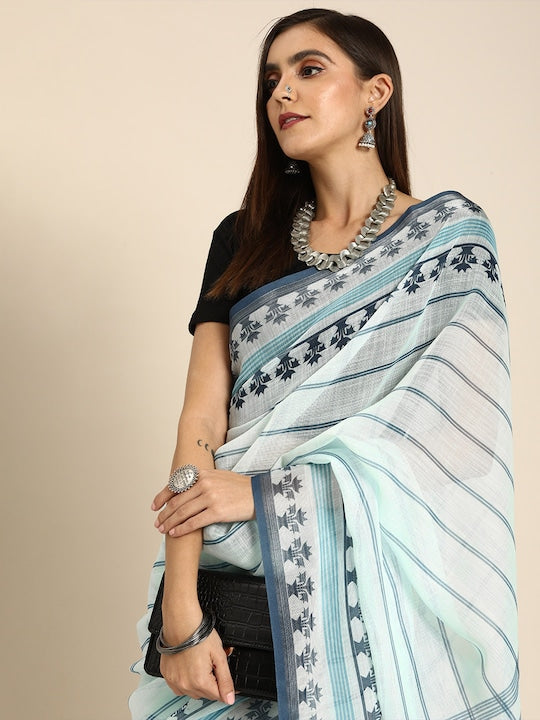 Anouk Blue & Grey Linen Blend Striped Saree