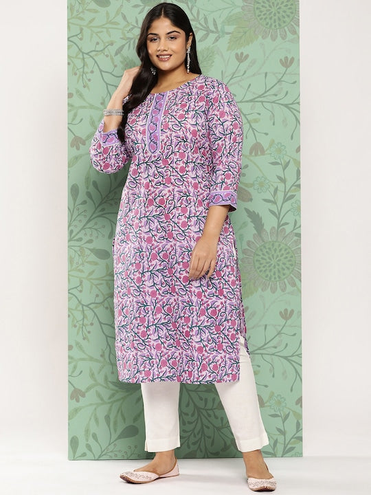 Yufta Plus Size Floral Printed Pure Cotton Kurta