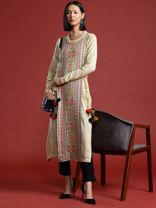 All about you Women Ethnic Motifs Layered Pom-Pom Detail Winter Kurta