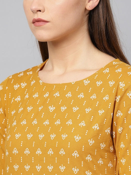 Yufta Women Mustard Yellow & Off-White Block Print Kurta with Trousers