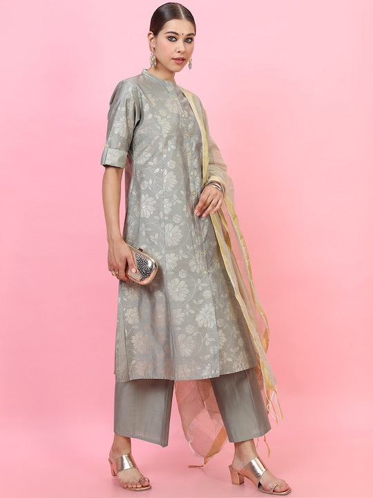 Vishudh Women Grey Ethnic Motifs Panelled Kurta with Skirt & With Dupatta