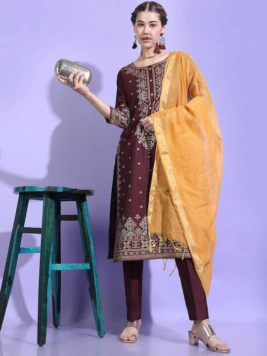Vishudh Women Burgundy Ethnic Motifs Viscose Rayon Kurta with Trouser & Dupatta