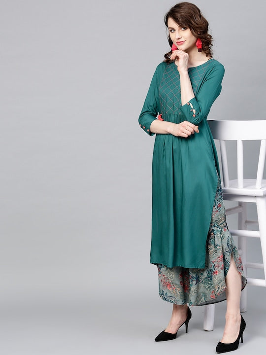 Yufta Women Teal Blue & Grey Solid Kurta with Sharara