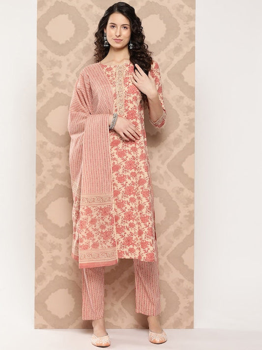 Yufta Women Floral Embroidered Regular Gotta Patti Cotton Kurta with Trousers & Dupatta