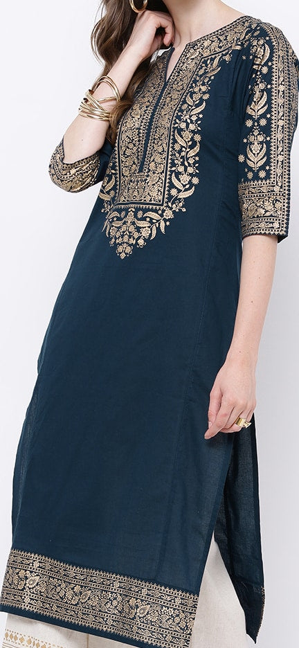 Vishudh Women Navy Blue & Gold-Toned Printed Straight Kurta