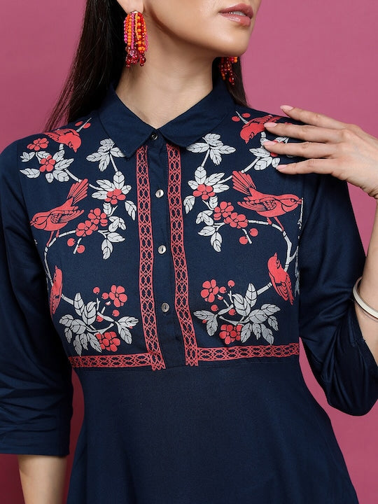 Vishudh Floral Printed Yoke Design Shirt Collar Three-Quarter Sleeves Anarkali Kurta