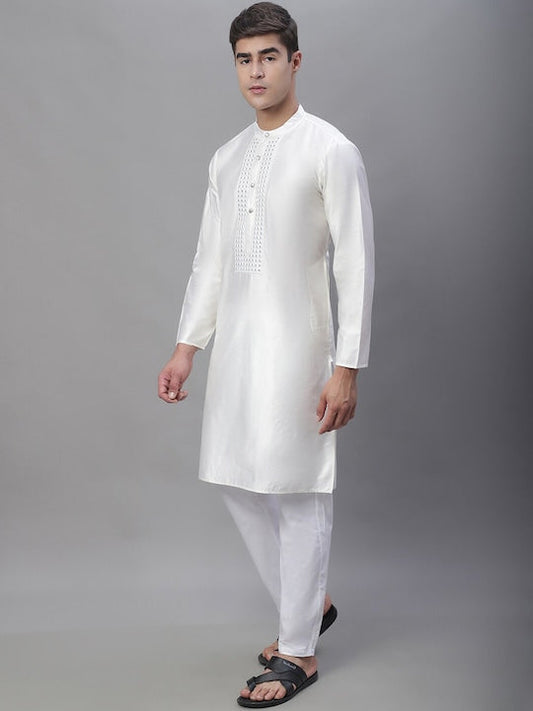Anouk White Band Collar Mirror Work Kurta With Pyjamas