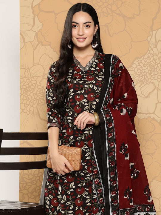 Yufta Women Floral Printed Regular Pure Cotton Kurta with Palazzos & With Dupatta