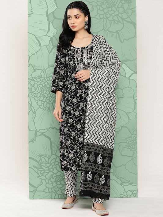 Yufta Women Floral Embroidered Regular Mirror Work Pure Cotton Kurta Set - XXL