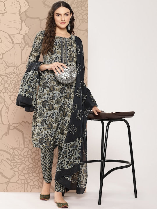 Yufta Women Floral Printed Regular Sequinned Pure Cotton Kurta with Trousers & Dupatta