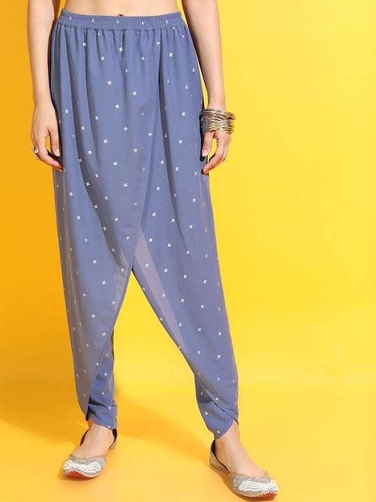 Vishudh Women Blue Ethnic Motifs Pure Cotton Kurta with Dhoti Pant & Dupatta