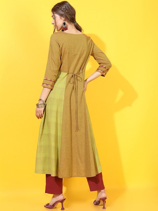 Vishudh Women Olive Green & Mustard Yellow Geometric Embroidered Kurta