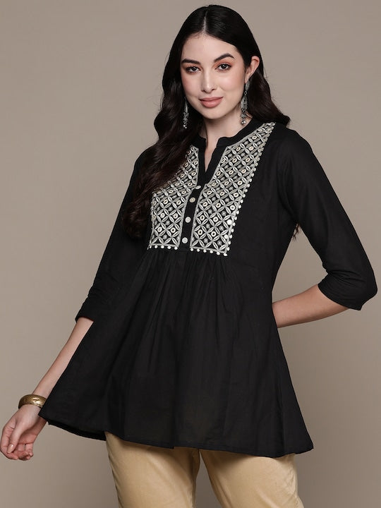 Anubhutee Floral Yoke Design Pure Cotton Mirror Work Pleated Kurti