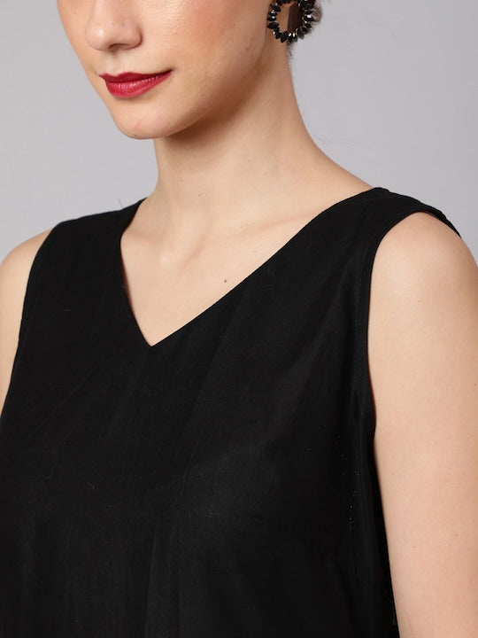 AKS Floral Embroidered V-Neck Knee Length Cotton A-Line Dress