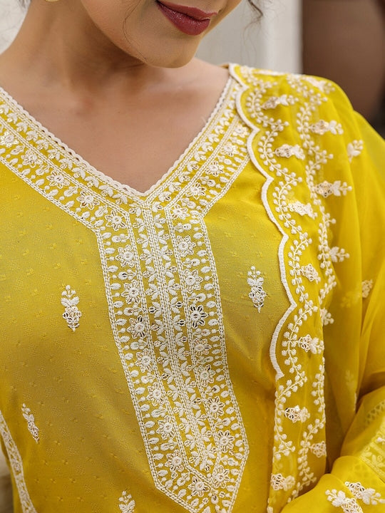 Vishudh Floral Embroidered Regular Thread Work Pure Cotton Kurta with Trousers & Dupatta