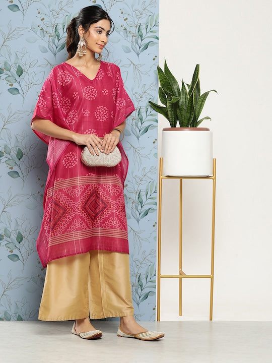 Yufta Women Bandhani Printed Flared Sleeves Kaftan Kurta