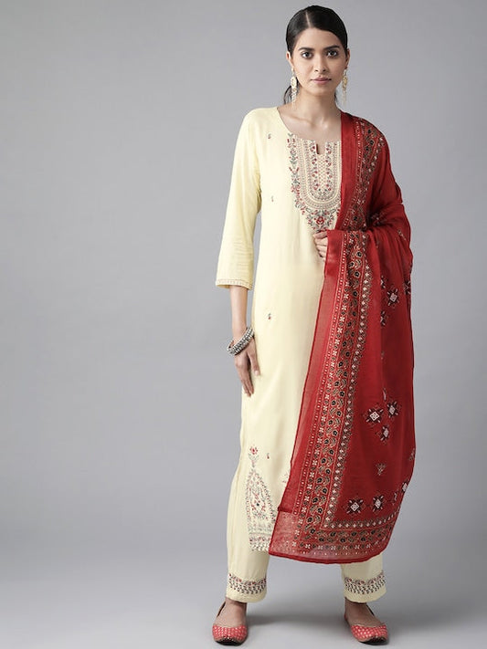 Yufta Women Cream-Coloured Ethnic Motifs Embroidered Regular Thread Work Kurta with Palazzos & With Dupatta
