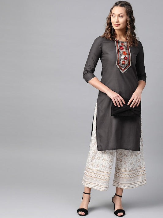 Anubhutee Women Charcoal Grey Yoke Design Straight Kurta