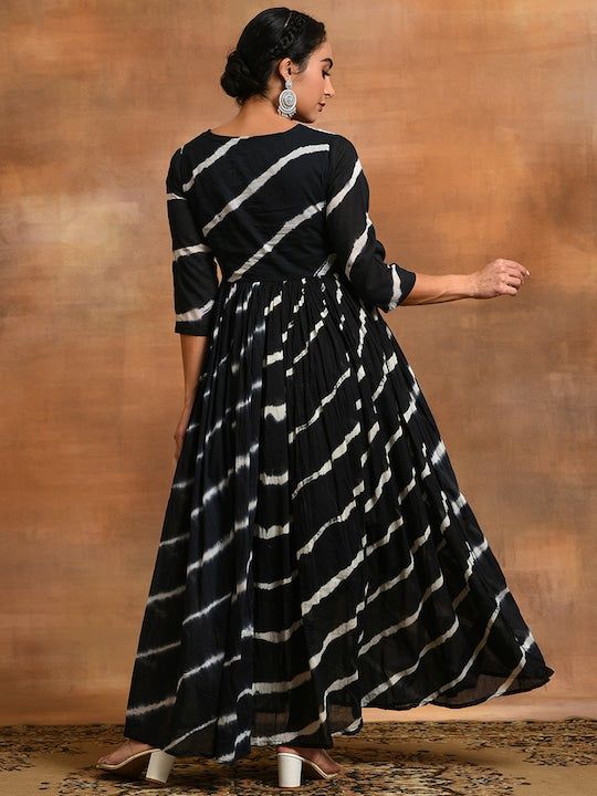 AKS Tie & Dye Printed Round Neck Embroidered Pure Cotton Fit & Flare Maxi Dress