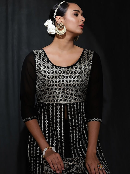 AKS Couture Ethnic Motifs Embroidered Sequinned High Slit Straight Kurta With Palazzos