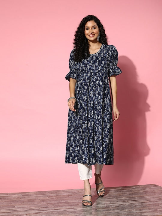 Yufta Ethnic Motifs Printed Flared Sleeves Cotton Kurta