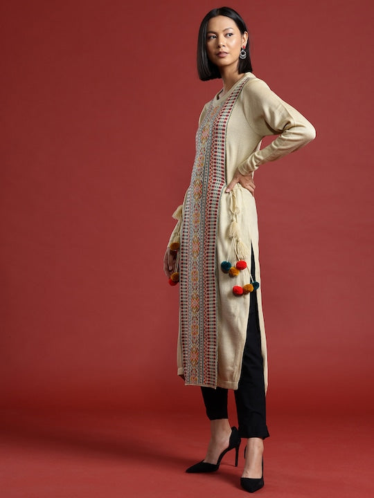 All about you Women Ethnic Motifs Layered Pom-Pom Detail Winter Kurta