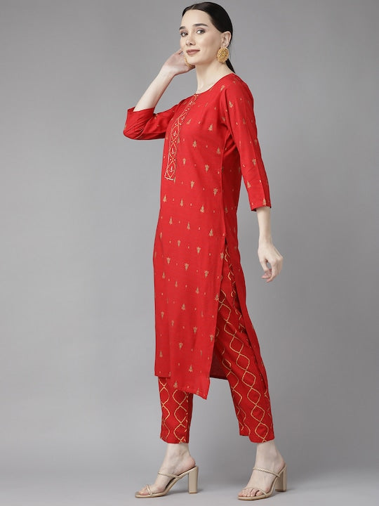 Yufta Women Red Ethnic Motifs Printed Kurta with Trousers