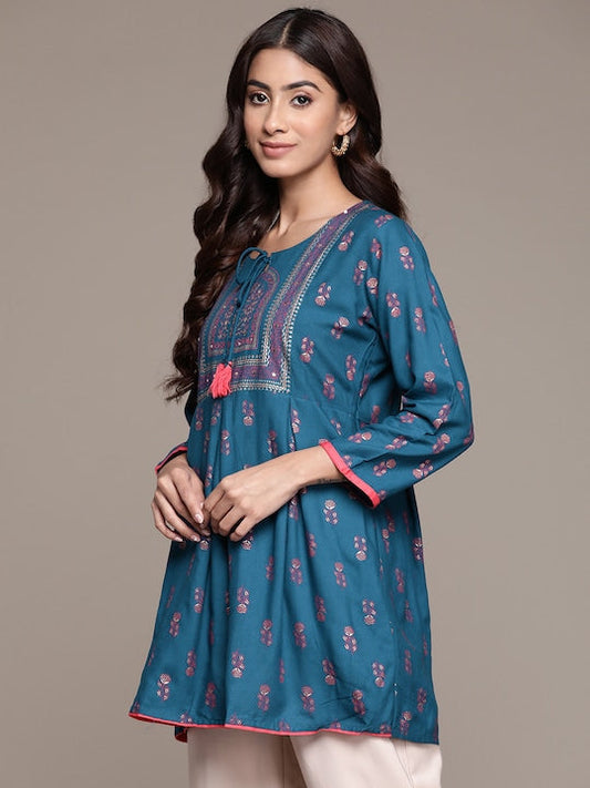 Anubhutee Ethnic Motifs Printed Tie Up Neck Sequinned Kurti